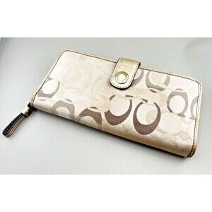 COACH Long Zip Around Wallet Signature Logo Canvas Leather Gold Beige Snap Fold